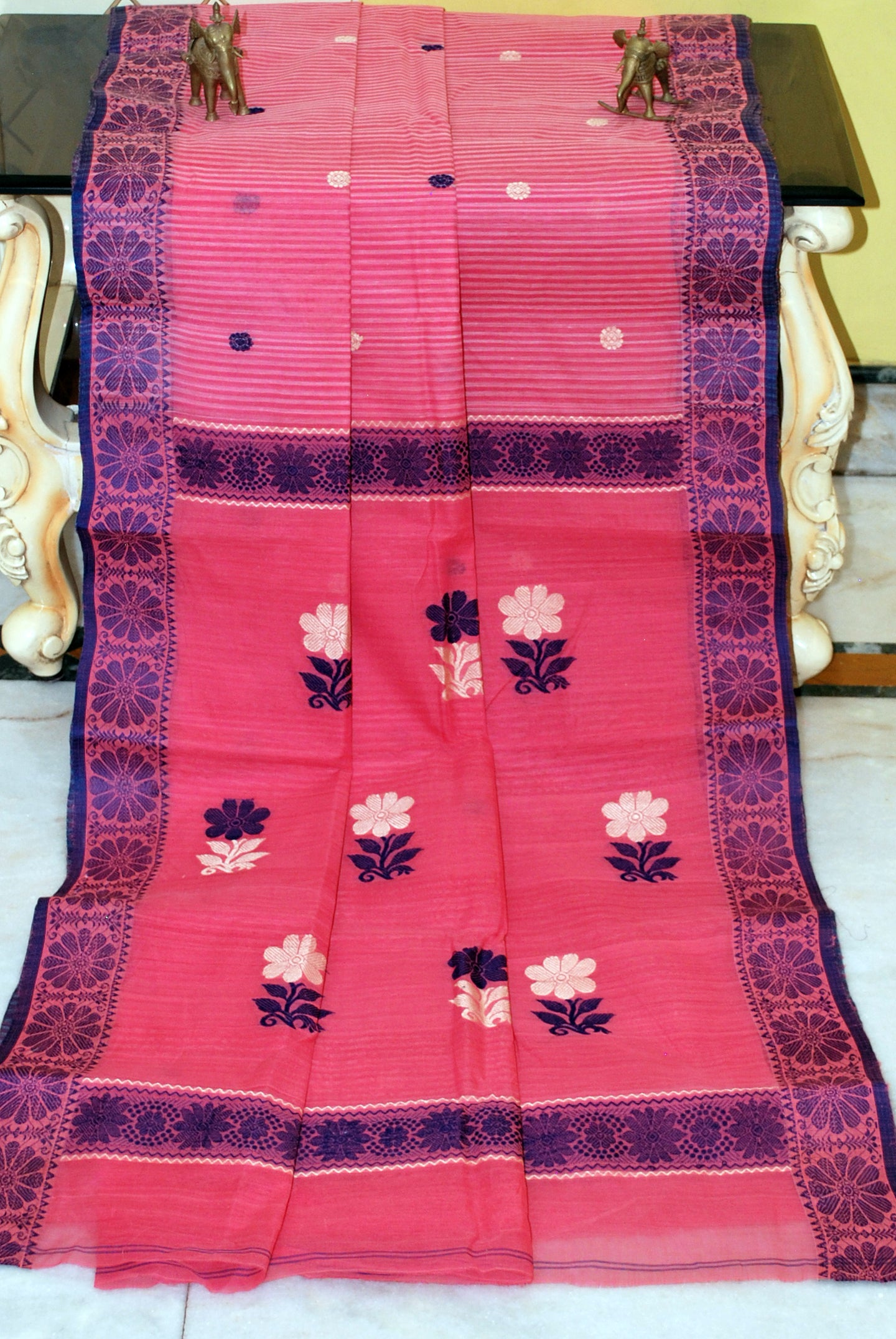 Medium Size Thread Nakshi Border Premium Quality Bengal Handloom Cotton Saree in Watermelon Pink, Midnight Blue and Beige