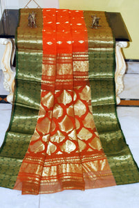 Rich Pallu Bengal Handloom Cotton Saree in Orange and Green