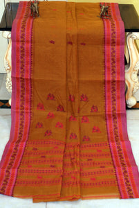 Medium Size Thread Nakshi Border Premium Quality Bengal Handloom Cotton Saree in Tawny Brown, Hot Pink and Maroon