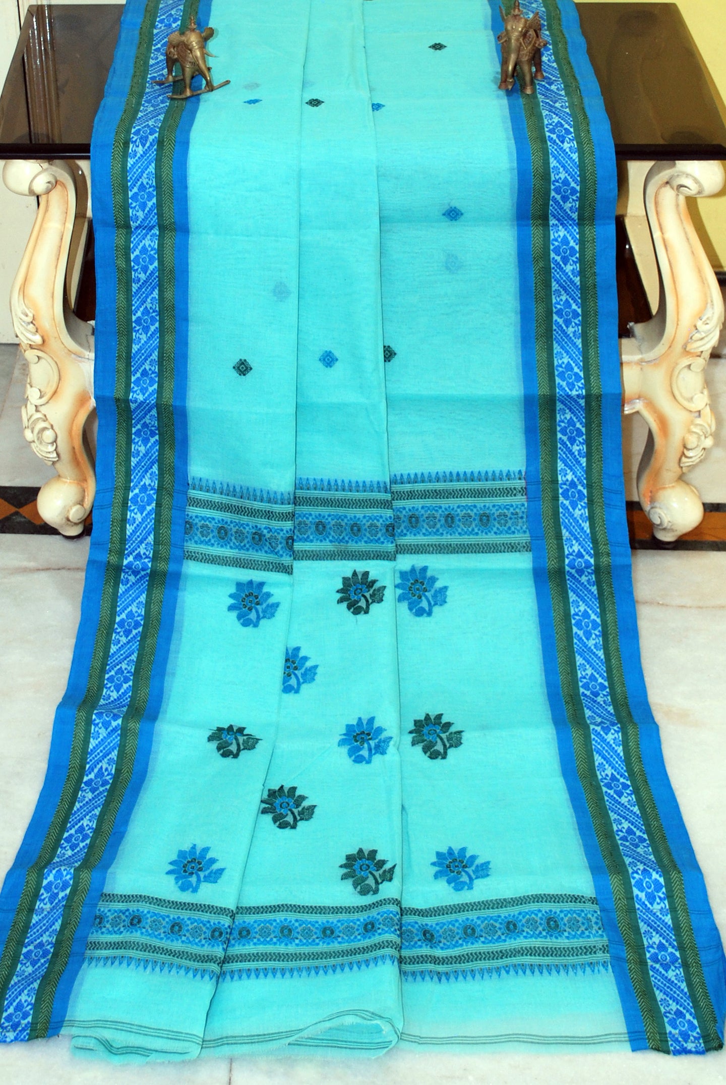 Medium Size Thread Nakshi Border Premium Quality Bengal Handloom Cotton Saree in Turquoise, Blue and Dark Green