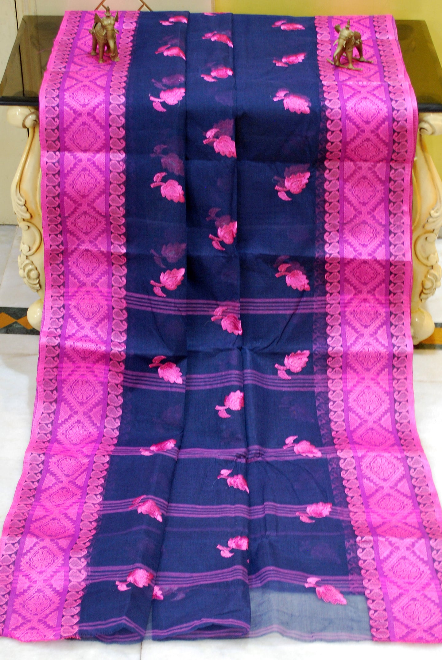Bengal Handloom Cotton Saree with Leaf Motif Embroidery Work in Midnight Blue and Hot Pink