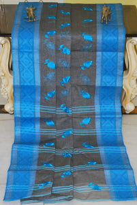 Bengal Handloom Cotton Saree with Leaf Motif Embroidery Work in Dark Grey and Blue