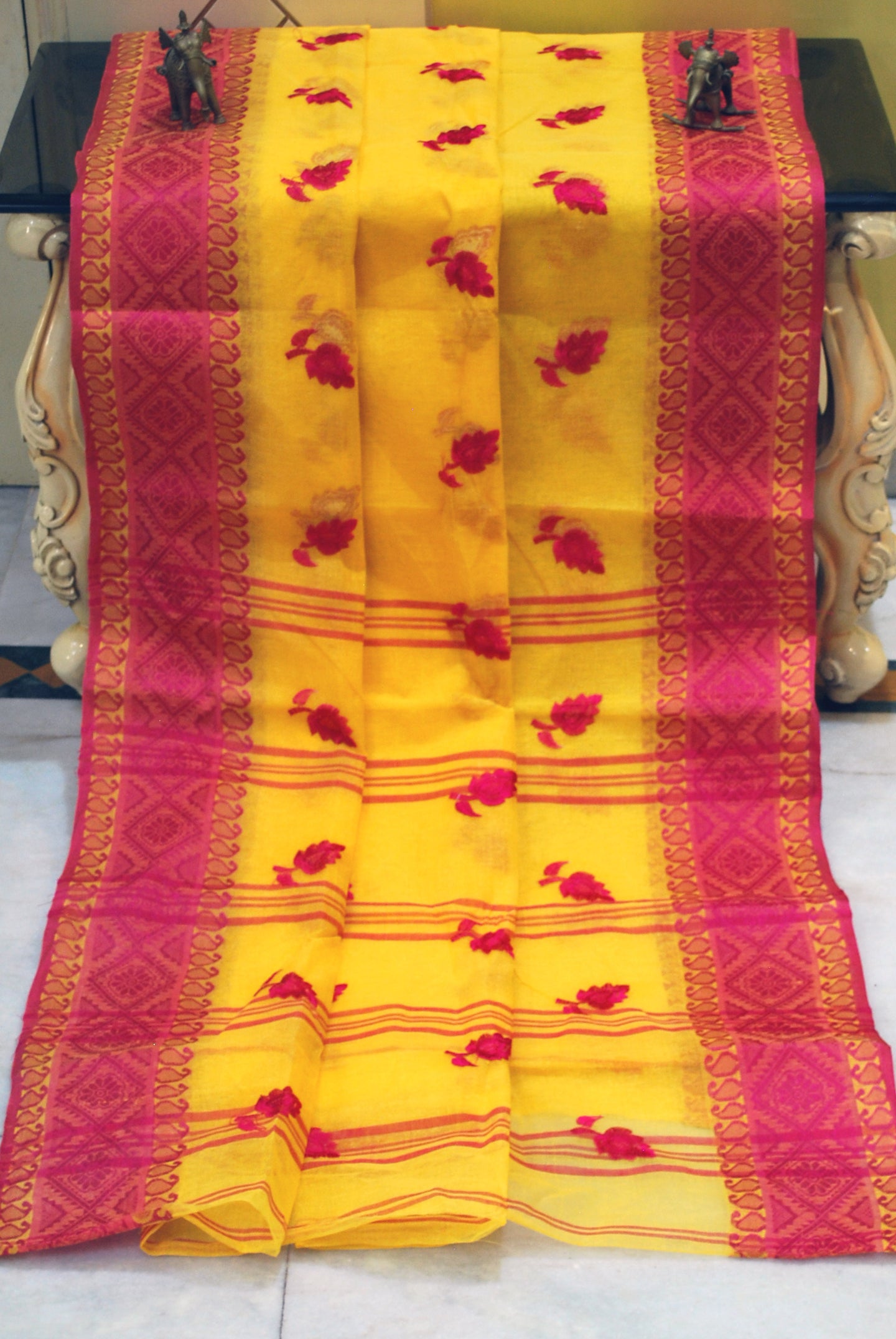 Bengal Handloom Cotton Saree with Leaf Motif Embroidery Work in Yellow and Hot Pink
