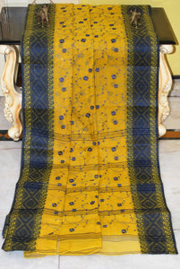 Bengal Handloom Cotton Saree with Floral Jaal Embroidery Work in Limeade Green and Navy Blue