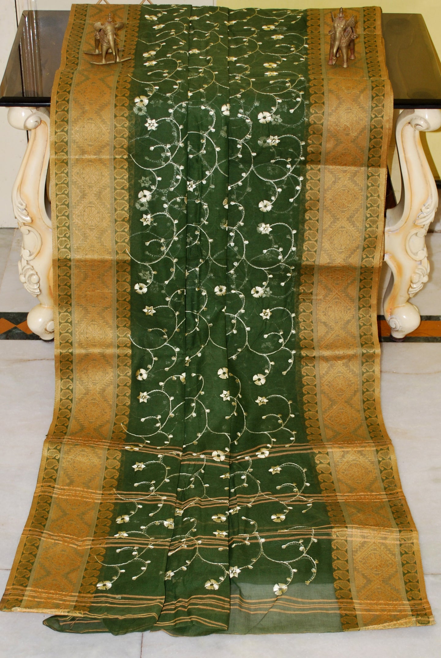 Bengal Handloom Cotton Saree with Floral Jaal Embroidery Work in Hunter Green, Biscotti and Off White