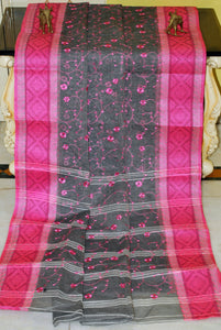 Bengal Handloom Cotton Saree with Floral Jaal Embroidery Work in Charcoal Grey and Pink