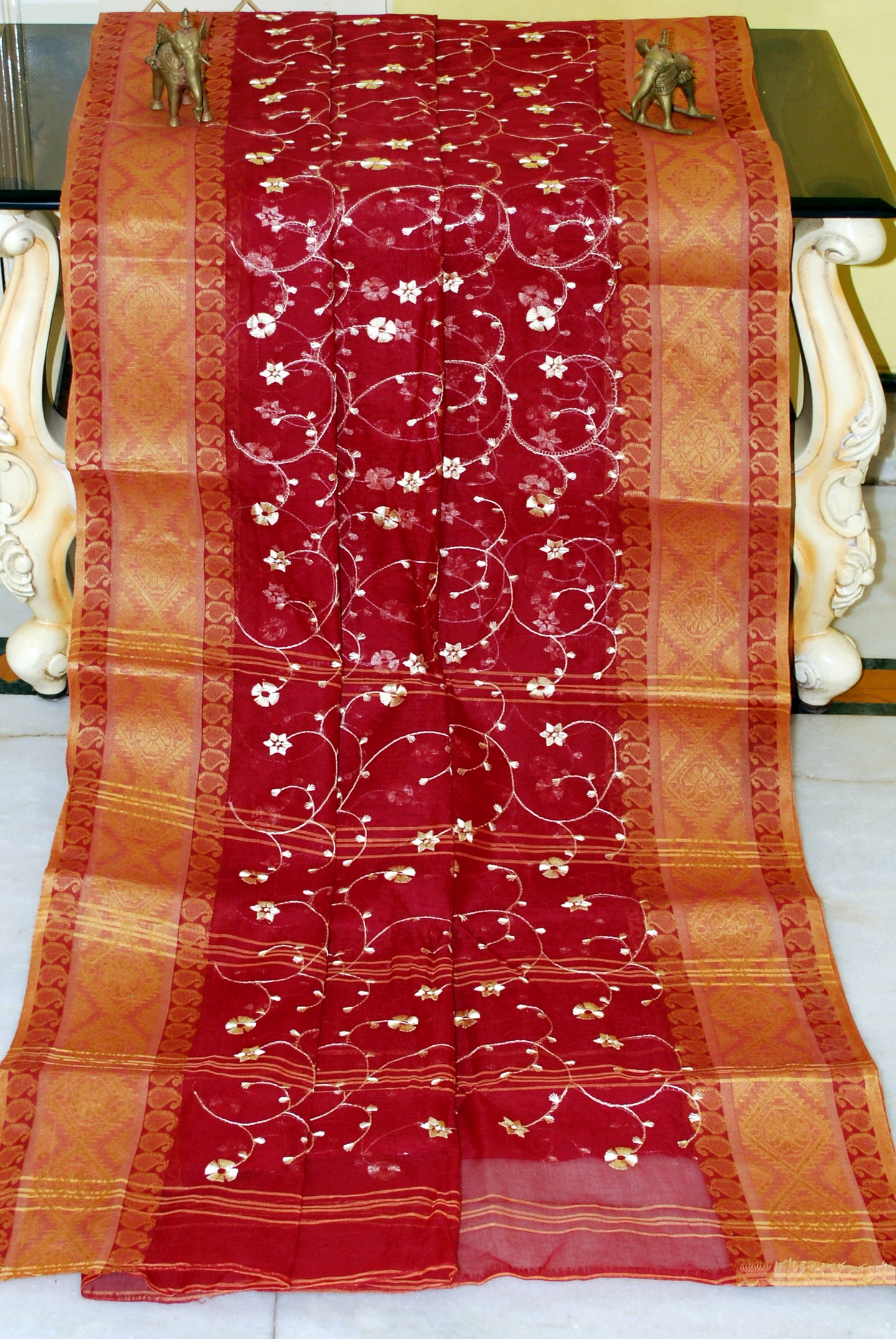 Bengal Handloom Cotton Saree with Floral Jaal Embroidery Work in Dark Red, Biscotti and Off White