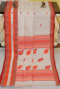 Premium Quality Bengal Handloom Minakari Bomkai Cotton Saree in Stone White, Orange and Red