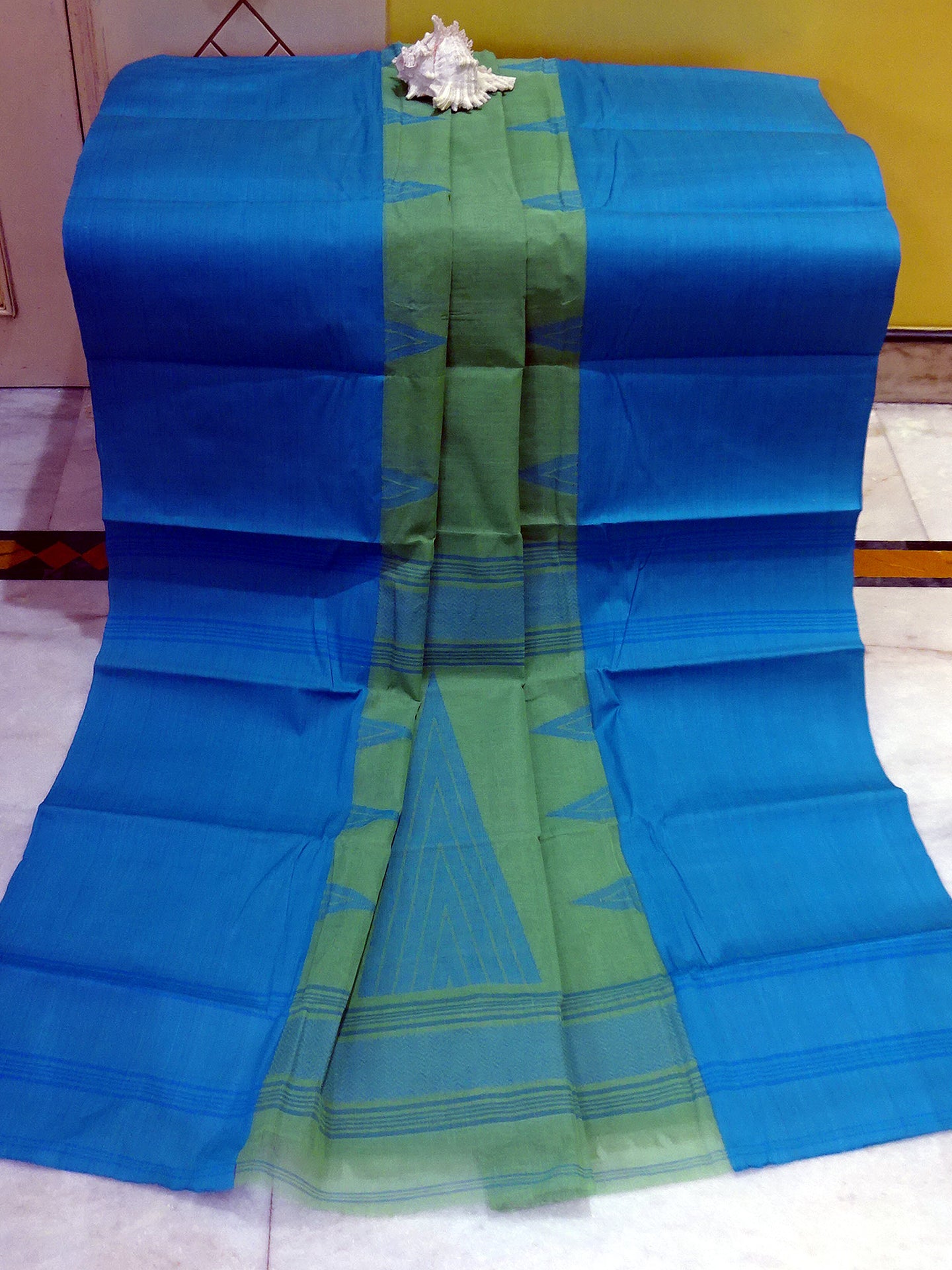 Mahapar Bengal Handloom Cotton Saree in Olive Green and Azure Blue