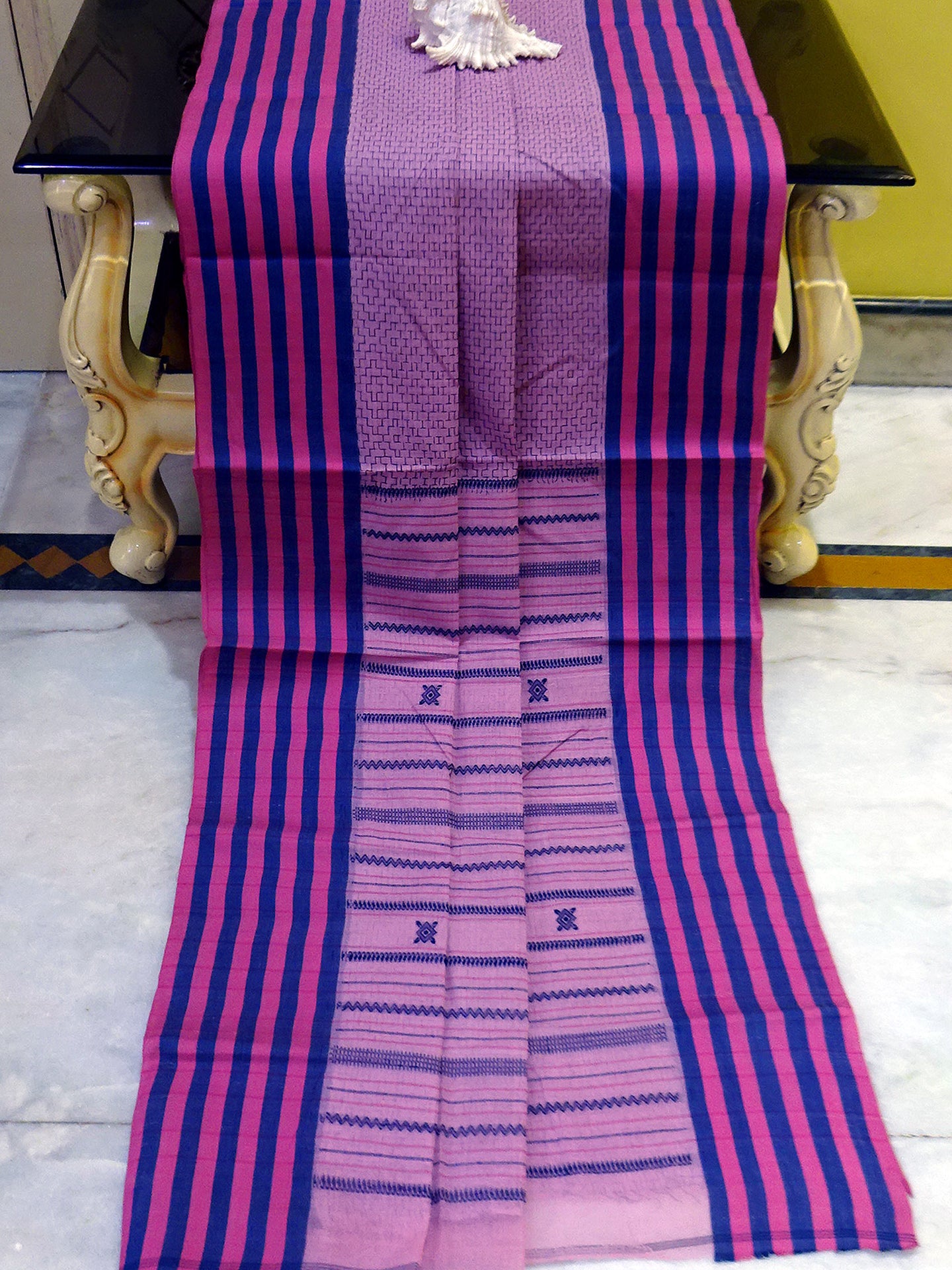 Premium Quality Bengal Handloom Cotton Saree in Ultra Pink and Dark Blue