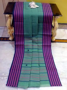 Premium Quality Bengal Handloom Cotton Saree in Light Teal Green, Purple and Dark Blue