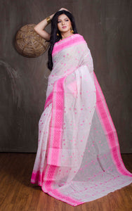 Bengal Handloom Cotton Saree with Floral Jaal Embroidery Work in White and Pink