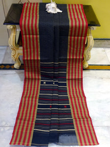Premium Quality Bengal Handloom Cotton Saree in Black, Beige and Red