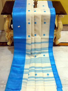 Bengal Handloom Satin Silk Border Cotton Saree in White and Azure Blue