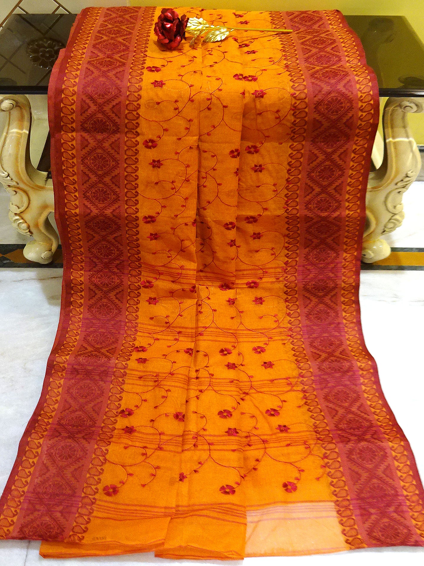 Bengal Handloom Cotton Saree with Floral Jaal Embroidery Work in Mustard Brown and Maroon