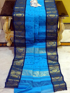 Tangail Handloom Cotton Banarasi Saree in Azure Blue, Navy Blue and Gold Zari Work