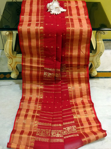 Tangail Handloom Cotton Banarasi Saree in Vermilion Red, Beige and Gold Zari Work