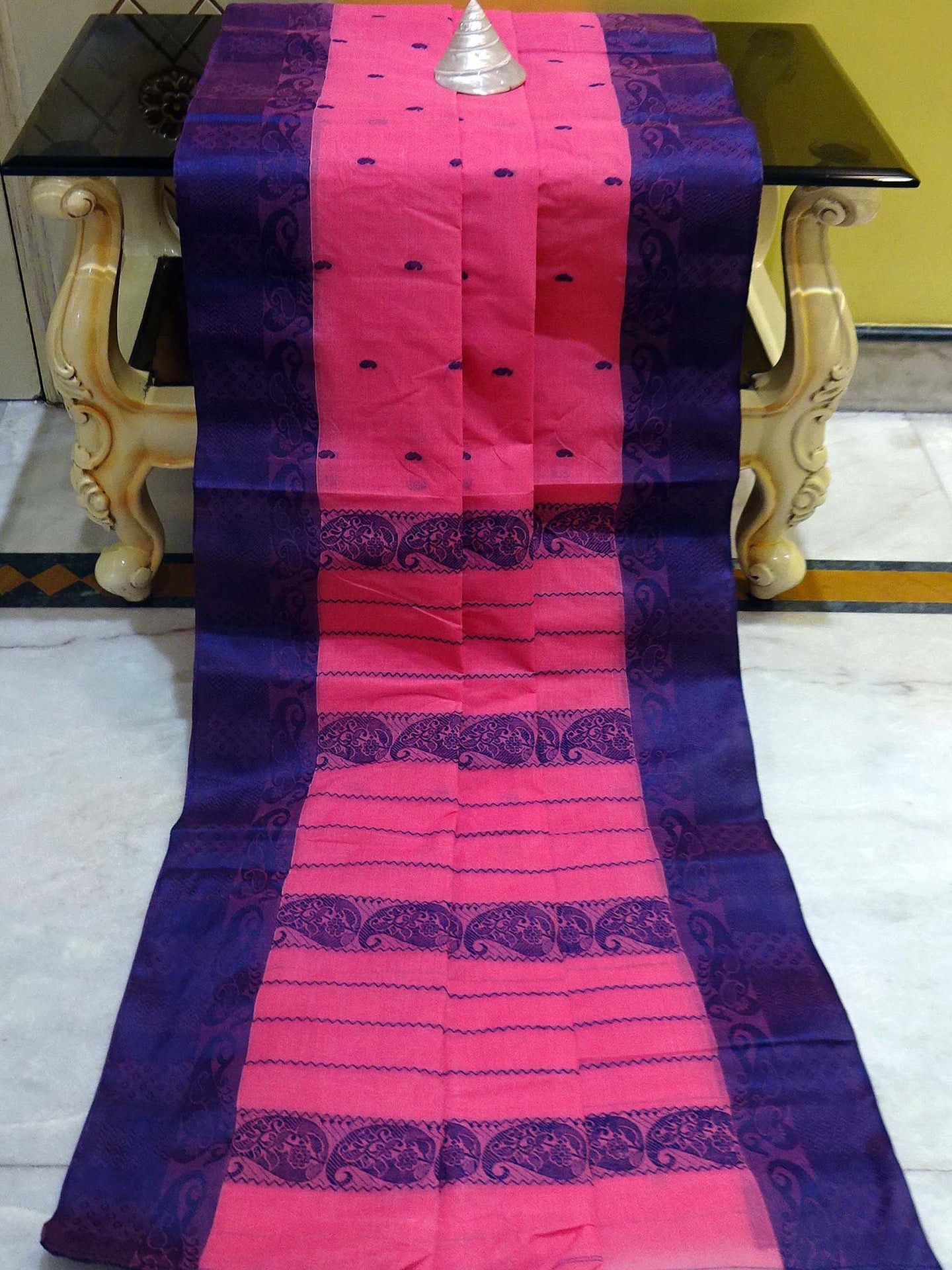 Resham Thread Work Tangail Handloom Cotton Saree in Watermelon Pink and Deep Blue
