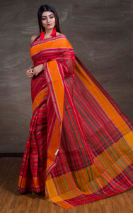 Bengal Handloom Begampuri Cotton Saree in Red, Burnt Orange, Black and Off white