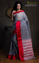 Bengal Handloom Satin Silk Border Cotton Saree in Metallic Grey and Dark Red