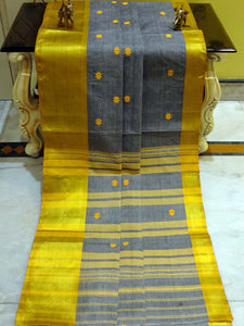 Bengal Handloom Satin Silk Border Cotton Saree in Steel Grey and Corn Yellow