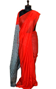 Soft Bhagalpuri Silk Saree with woven Floral Muslin Pallu in Red and Light Grey