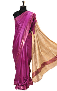 Soft Bhagalpuri Silk Saree with Natural Gicha Tussar Pallu in Purple and Brush Gold Zari Work
