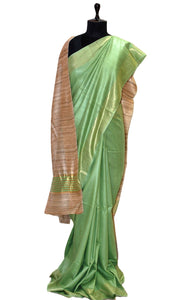 Soft Bhagalpuri Silk Saree with Natural Gicha Tussar Pallu in Mint Green and Brush Gold Zari Work