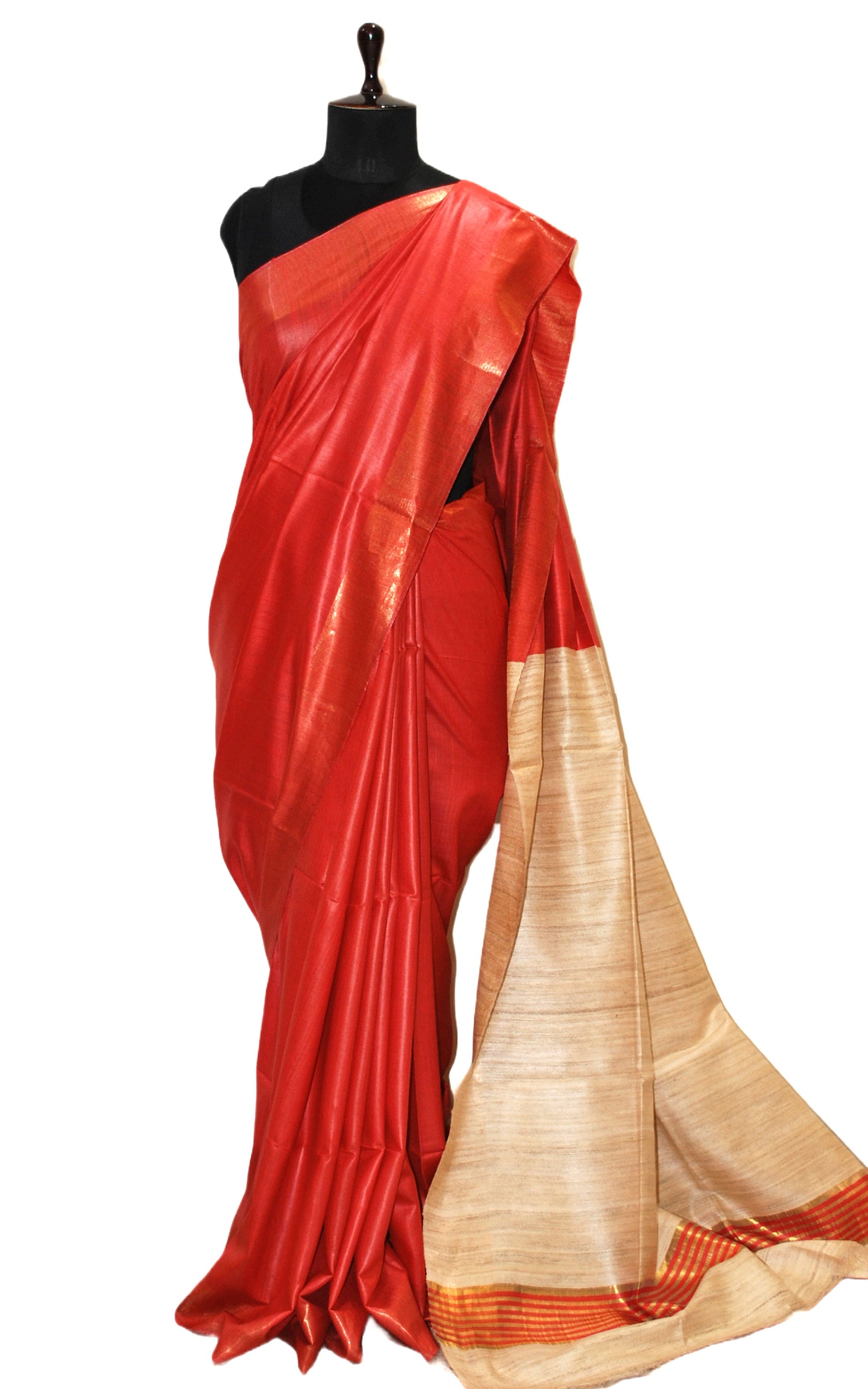 Soft Bhagalpuri Silk Saree with Natural Gicha Tussar Pallu in Red and Brush Gold Zari Work