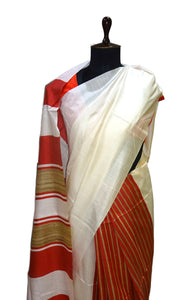Patli Stripes Bhagalpuri Soft Silk Saree in White and Red with Gicha Work Pallu