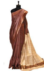Soft Bhagalpuri Silk Saree with Natural Gicha Tussar Pallu in Chocolate Brown and Brush Gold Zari Work