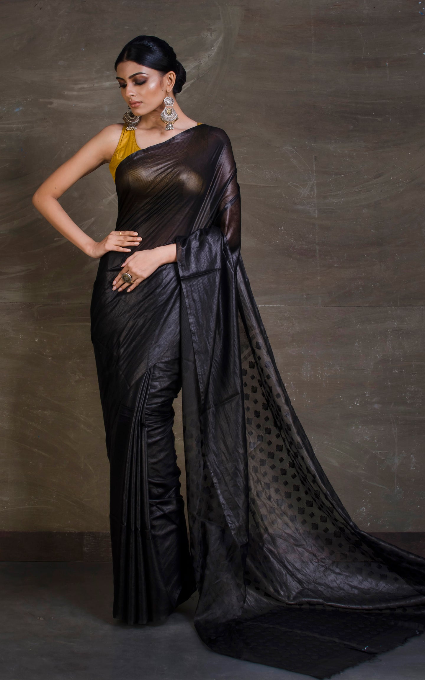 Soft Bhagalpuri Silk Saree with woven Floral Muslin Pallu in Black