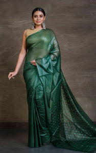 Soft Bhagalpuri Silk Saree with woven Floral Muslin Pallu in Bottle Green