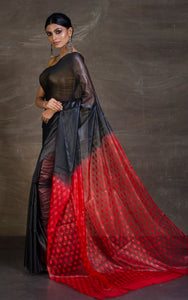 Soft Bhagalpuri Resham Silk Saree with woven Floral Muslin Pallu in Black and Red - Bengal Looms India