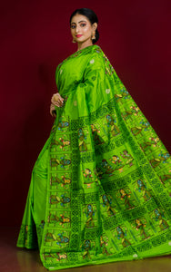 Patachitra Hand Fabric Art on Soft Bishnupuri Katan Silk Saree in Lime Green