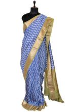 Printed Soft Chanderi Silk Saree in Cobalt Blue, Off White, Olive Green and Antique Gold
