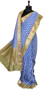 Printed Soft Chanderi Silk Saree in Cobalt Blue, Off White, Olive Green and Antique Gold