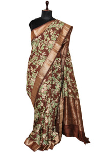Floral Printed Soft Chanderi Silk Saree in Chocolate Brown, Turquoise Green, Beige and Antique Gold