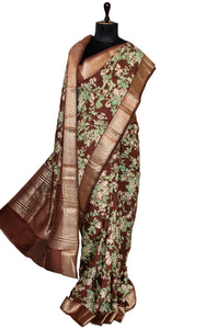 Floral Printed Soft Chanderi Silk Saree in Chocolate Brown, Turquoise Green, Beige and Antique Gold