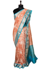Printed Soft Chanderi Silk Saree in Creamy Peach, Off White, Olympic Blue and Antique Gold