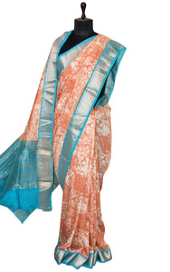 Printed Soft Chanderi Silk Saree in Creamy Peach, Off White, Olympic Blue and Antique Gold