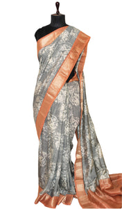 Printed Soft Chanderi Silk Saree in Grey, Off White, Creamy Peach and Antique Gold