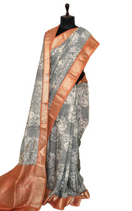 Printed Soft Chanderi Silk Saree in Grey, Off White, Creamy Peach and Antique Gold