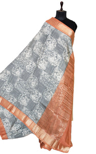 Printed Soft Chanderi Silk Saree in Grey, Off White, Creamy Peach and Antique Gold
