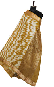 Printed Soft Chanderi Silk Saree in Olive Green, Beige and Antique Gold