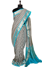 Printed Soft Chanderi Silk Saree in Warm Grey, Off White, Baby Blue and Antique Gold