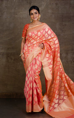 Handwoven Cotton Chanderi Saree in Salmon Pink and Muted Gold