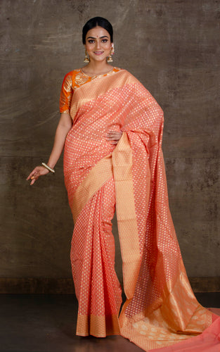 Handwoven Cotton Chanderi Saree in Peach, Silver and Muted Gold Matte Zari Work