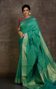 Handwoven Cotton Chanderi Saree in Jade Green, Blue and Muted Gold Matte Zari Work