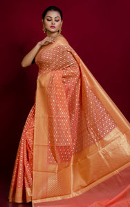Handwoven Cotton Banarasi Saree in Soap Orange and Muted Gold Matte Zari Work